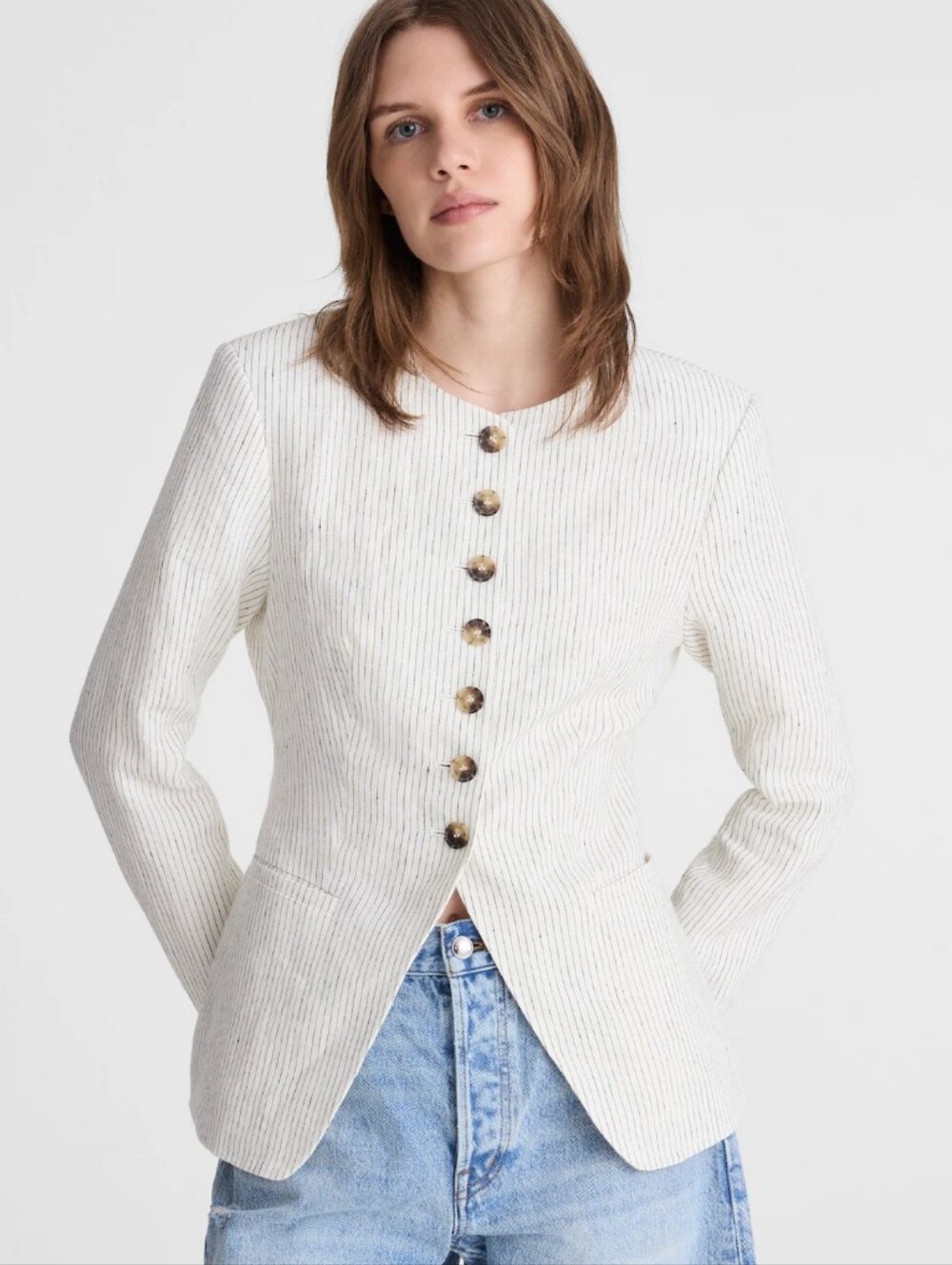 Madewell Cream Pinstripe Round-Neck Buttoned Blazer